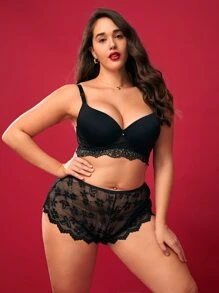 Plus Floral Lace Panty - Black - View 5