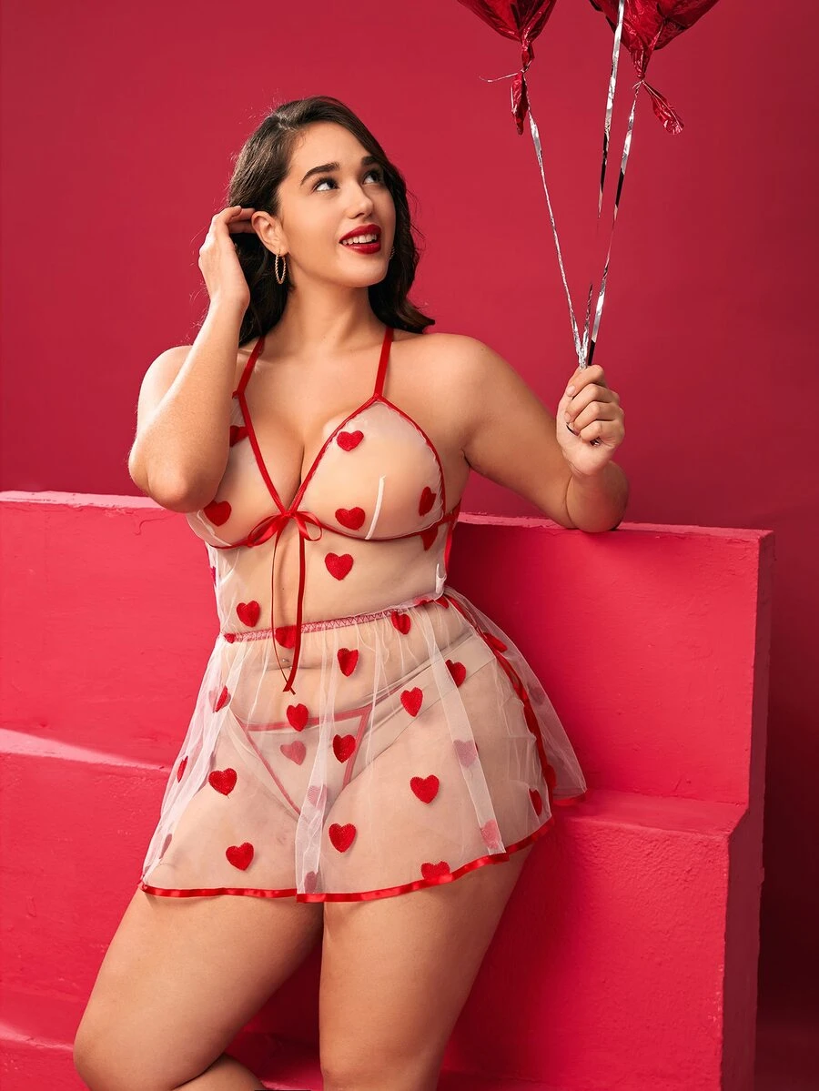 Plus Heart Print Mesh Cami Dress With Thong - White - View 1