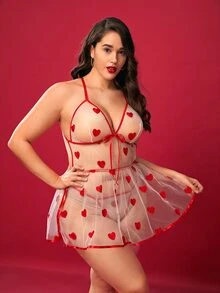 Plus Heart Print Mesh Cami Dress With Thong - White - View 4