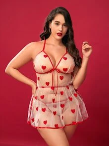 Plus Heart Print Mesh Cami Dress With Thong - White - View 5