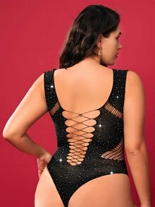 Plus Rhinestone Studded Fishnet Teddy Bodysuit Without Lingerie Set - Black - View 2