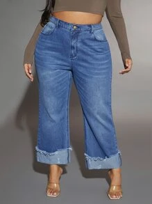 SHEIN Plus Raw Cut Roll Hem Straight Leg Jeans - Medium Wash - View 1
