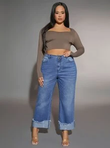 SHEIN Plus Raw Cut Roll Hem Straight Leg Jeans - Medium Wash - View 3