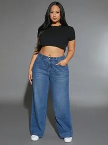 Plus Slant Pocket Straight Leg Jeans - Medium Wash - View 3