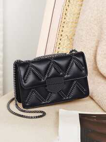 Mini Studded Decor Decor Chain Flap Square Bag - Black - View 1