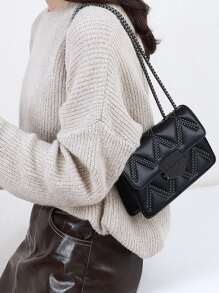 Mini Studded Decor Decor Chain Flap Square Bag - Black - View 2