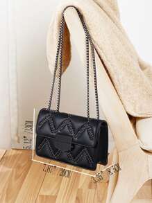 Mini Studded Decor Decor Chain Flap Square Bag - Black - View 3