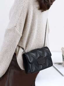 Mini Studded Decor Decor Chain Flap Square Bag - Black - View 5