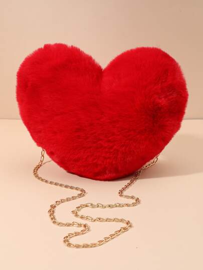 Valentine's Day Special: Heart-Shaped Plush Shoulder Bag, With Chain Crossbody Bag And Cute Zipper Wallet! Neon Red Heart-Shaped Plush Chain Novelty Bags, The Perfect Valentine's Day Gift For Her, Best Valentine's Day Gift Choice, Heart-Shaped Wallet, Perfectly Matches Valentine's Day Dress. , Cute