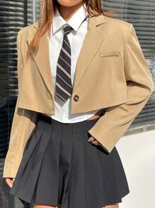 SHEIN Qutie Single Button Crop Blazer - Khaki - View 6