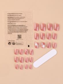 pinpai Elevate Your Style with 24pcs Short Oval Bean Paste Solid Floral Pattern Fake Nail & 1pc Nail File & 1sheet Tape - Pink - View 2