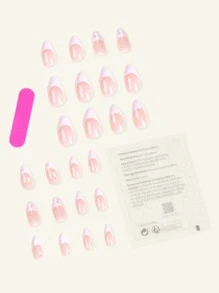 Transform Your Nails with 24pcs Long Almond White French Pearl Fake Nail & 1pc Nail File & 1sheet Tape - Multicolor - View 2