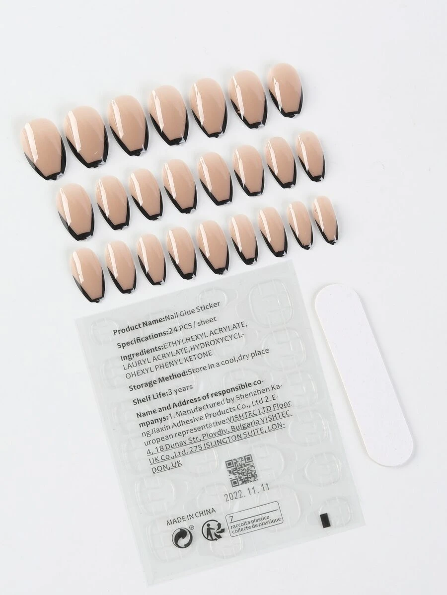 Transform Your Nails with 24pcs Medium Coffin Black French Fake Nail & 1pc Nail File & 1sheet Tape - Multicolor - View 1