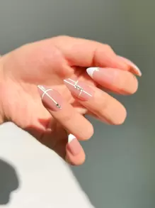 24pcs French Short Almond Shape Nail Nails Pink White French White Rhinestone Decor Stripe Press On Nails Acrylic Nails Fake Nails Nails Manicure Set Includes 1sheet Adhesive Tabs & 1pc Mini File Perfect For Everyday Wear - Multicolor - View 1