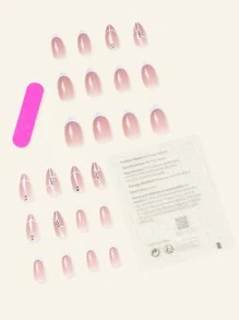24pcs French Short Almond Shape Nail Nails Pink White French White Rhinestone Decor Stripe Press On Nails Acrylic Nails Fake Nails Nails Manicure Set Includes 1sheet Adhesive Tabs & 1pc Mini File Perfect For Everyday Wear - Multicolor - View 2