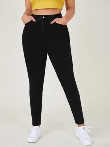 SHEIN Essnce 大碼高腰緊身牛仔褲 - 黑色 - 查看 1