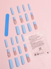 轉換你指甲片帶24入組長款棺材藍色法語水鑽花朵裝飾假指甲和1入組指甲銼和1張膠帶 - 淺藍色 - 查看 2
