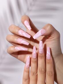 Instantly Upgrade Your Look with 24pcs long coffin Marbling Simple Full Cover False Nail For Women And Girls 1pc Nail File & 1sheet Tape - Multicolor - View 1