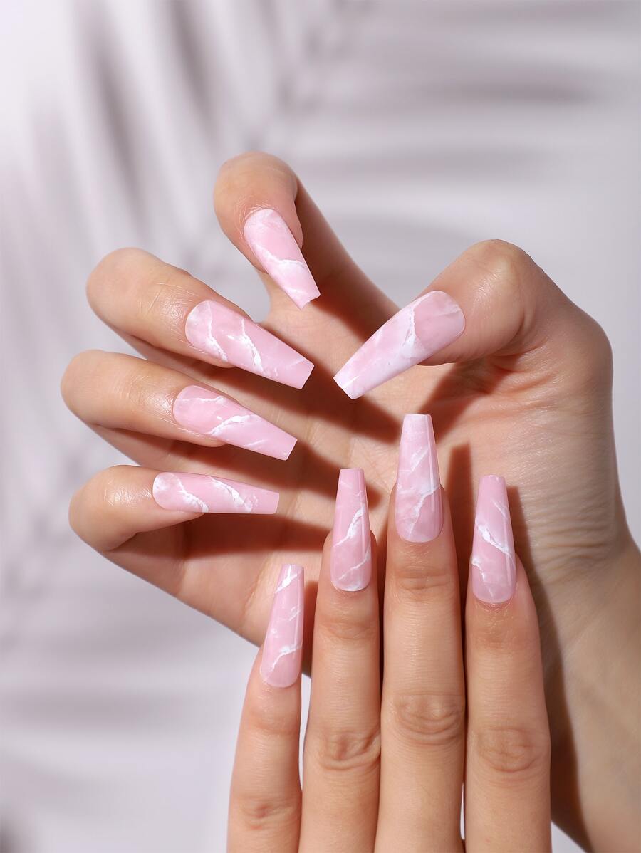 Instantly Upgrade Your Look with 24pcs long coffin Marbling Simple Full Cover False Nail For Women And Girls 1pc Nail File & 1sheet Tape - Multicolor - View 1