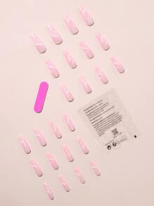 Instantly Upgrade Your Look with 24pcs long coffin Marbling Simple Full Cover False Nail For Women And Girls 1pc Nail File & 1sheet Tape - Multicolor - View 2