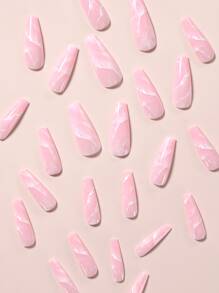 Instantly Upgrade Your Look with 24pcs long coffin Marbling Simple Full Cover False Nail For Women And Girls 1pc Nail File & 1sheet Tape - Multicolor - View 4