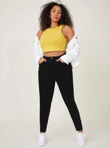SHEIN Essnce 大碼高腰緊身牛仔褲 - 黑色 - 查看 4