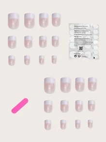 prettysecrets 24入組短正方形白色法式光亮假指甲+1入組指甲檔+1片膠帶貼式指甲，指甲用品升級您的造型 - 彩色 - 查看 2