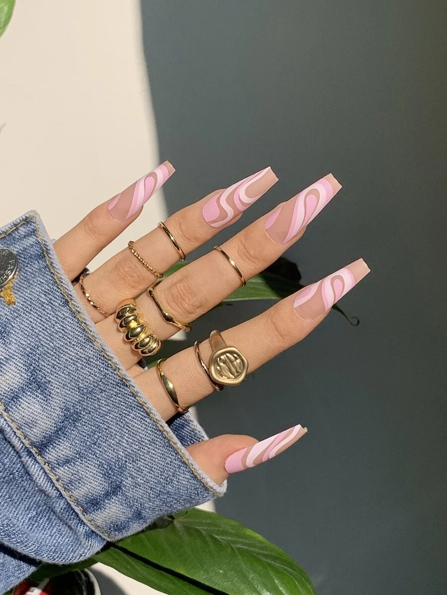 Instantly Upgrade Your Look with 24pcs Extra Long Coffin Pink Line Matte Fake Nail & 1pc Nail File & 1sheet Tape - Multicolor - View 1