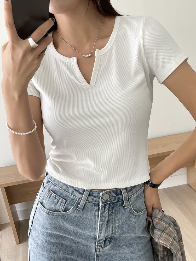 Ribbed Knit Notched Neck Tee,Crop Tops Women