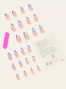 用24入組長杏仁藍色波浪形心形法式假指甲和1入組指甲銼和1張膠帶升級您造型 - 彩色 - 查看 2