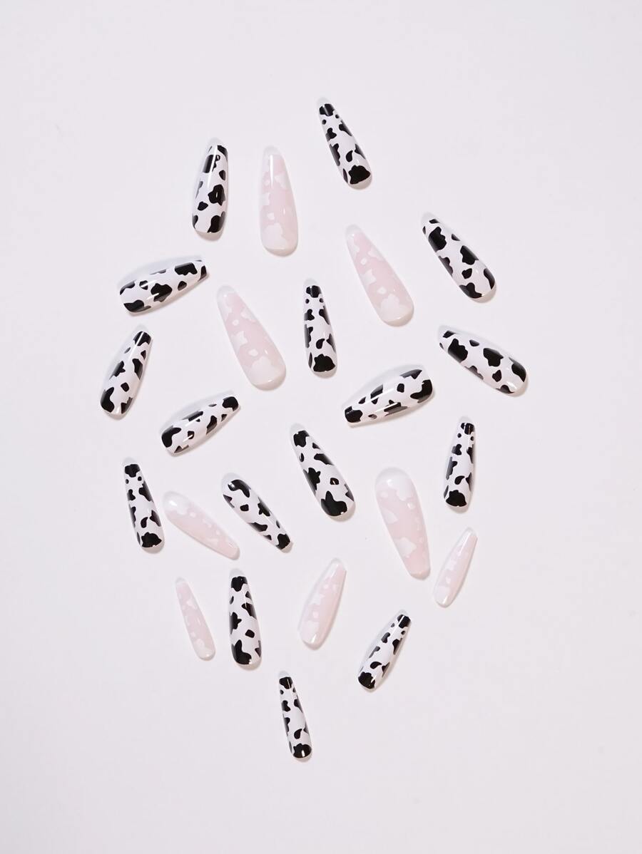 24pcs Elegant Long Ballerina Nail Nails Black White Cow Print Cloud
