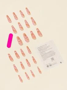 Instantly Upgrade Your Look with 24pcs Extra Long Coffin Pink Line Matte Fake Nail & 1pc Nail File & 1sheet Tape - Multicolor - View 2
