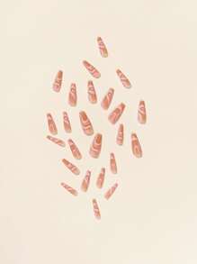 Instantly Upgrade Your Look with 24pcs Extra Long Coffin Pink Line Matte Fake Nail & 1pc Nail File & 1sheet Tape - Multicolor - View 4