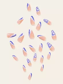 用24入組長杏仁藍色波浪形心形法式假指甲和1入組指甲銼和1張膠帶升級您造型 - 彩色 - 查看 4