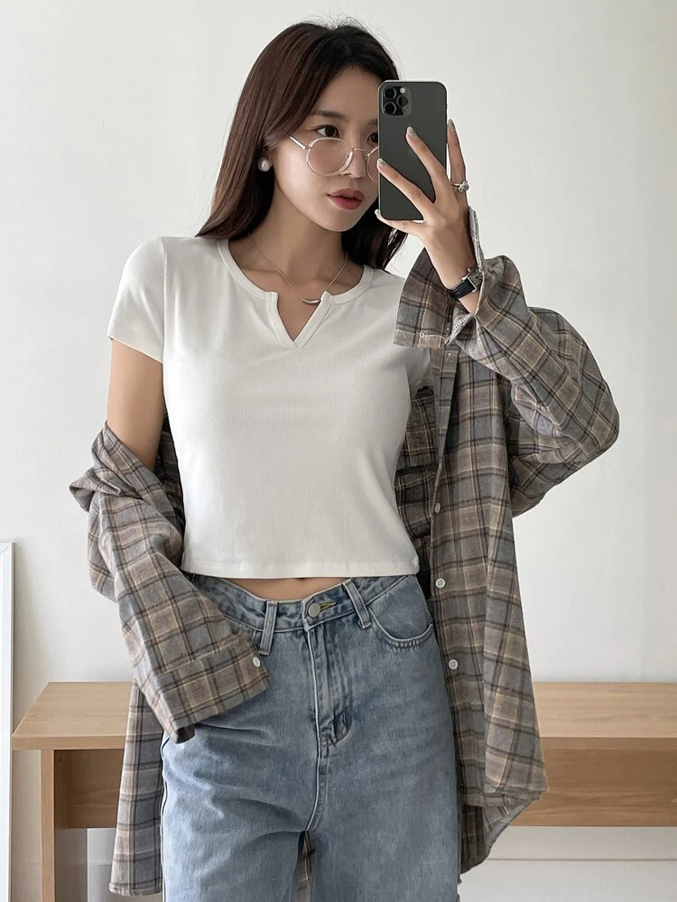 Ribbed Knit Notched Neck Tee,Crop Tops Women