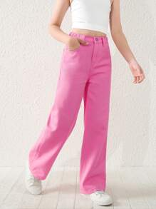Jeans de mezclilla rosa con pierna recta y corte holgado estilo Y2k para niña Niña preadolescente - Rosa - Ver 3