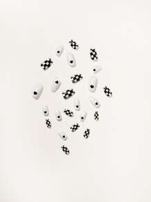 24pcs Modernist Short Oval Shape Nail Nails Black White Checkered Plaid Heart Press On Nails Acrylic Nails Fake Nails Nails Manicure Set Detachable Full Cover Long Lasting Includes 1sheet Adhesive Tabs & 1pc Mini File - View 4