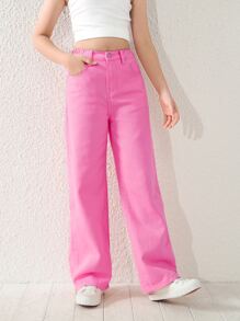 Jeans de mezclilla rosa con pierna recta y corte holgado estilo Y2k para niña Niña preadolescente - Rosa - Ver 6