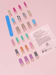24pcs Plaid Pattern Fake Nail & 1pc Nail File & 1sheet Nail Tape - Multicolor - View 2