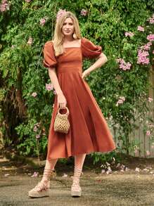 SHEIN VCAY Square Neck Puff Sleeve Lace Up Backless A-line Dress - Burnt Orange - View 3