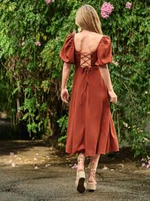 SHEIN VCAY Square Neck Puff Sleeve Lace Up Backless A-line Dress - Burnt Orange - View 2