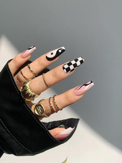 24Pcs French Short Square Shape Nail Nails Black White Colorblocking Tai Chi Yin Yang Design Flame Checkered Press On Nails Acrylic Nails Fake Nails Nails Manicure Set Includes 1Sheet Adhesive Tabs & 1Pc Mini File Perfect For Everyday Wear Nail Supplies Nails