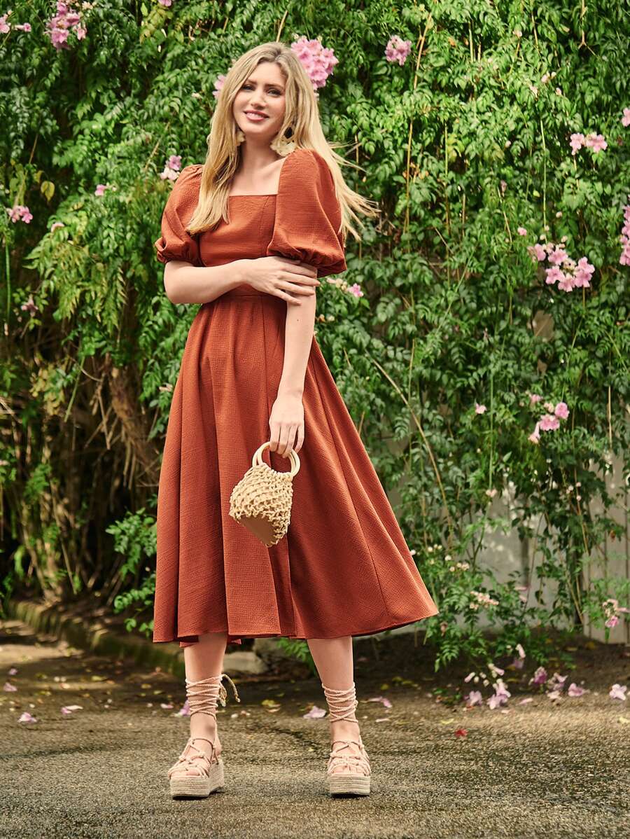 SHEIN VCAY Square Neck Puff Sleeve Lace Up Backless A-line Dress - Burnt Orange - View 1