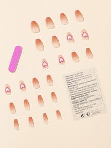 Instantly Upgrade Your Look with 24pcs Long Coffin Carol Pink Ombre Heart Fake Nail & 1pc Nail File & 1sheet Tape - Multicolor - View 2