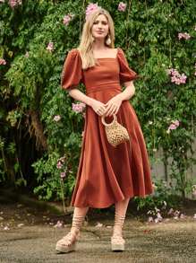 SHEIN VCAY Square Neck Puff Sleeve Lace Up Backless A-line Dress - Burnt Orange - View 4