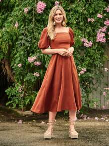 SHEIN VCAY Square Neck Puff Sleeve Lace Up Backless A-line Dress - Burnt Orange - View 6
