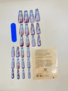 24pcs Long Coffin Colorblock Fake Nail & 1pc Nail File & 1sheet Tape - Multicolor - View 2