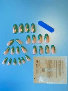 Biến Đổi Móng Tay Của Bạn Với 24 Chiếc Dài Hình Bầu Dục Viền Vàng Xanh Trừu Tượng Móng Tay Giả & 1 Dũa Móng Tay & 1 Tấm Băng Keo dành Cho Nữ Và Bé Gái - Nhiều màu - Xem 2