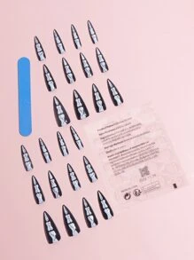 万圣节用 24 件长款细高跟黑白骷髅图案假指甲、1 片胶带和 1 个指甲锉提升您的风格，按压式指甲美甲用品 - 黑與白 - 查看 2