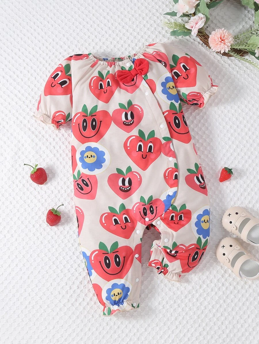 Baby Cartoon Graphic Bow Front Puff Sleeve Jumpsuit - Khaki - View 1